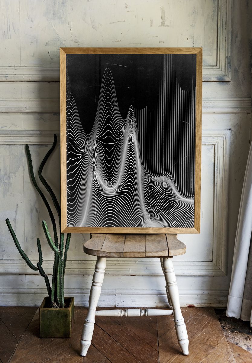 Monochrome Wave Lines Abstract Poster. — room view 1