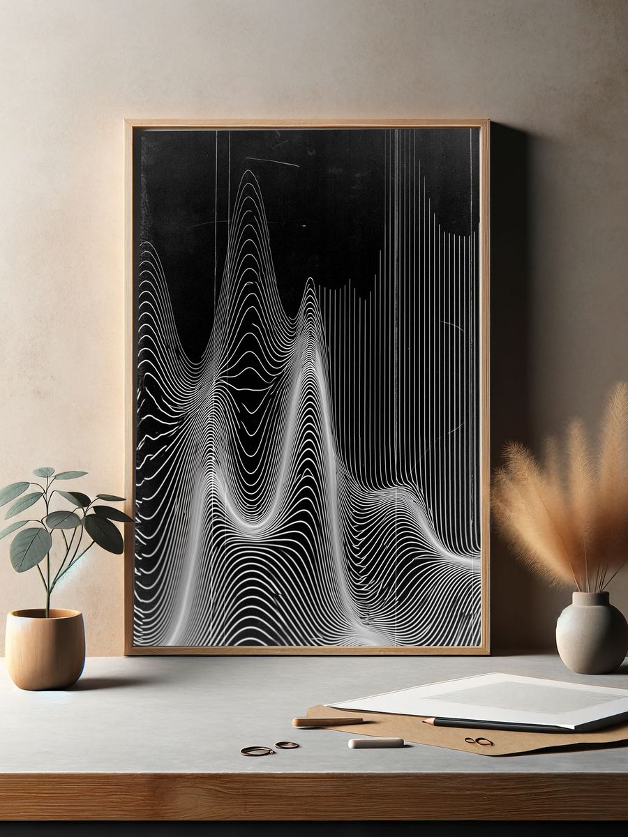 Monochrome Wave Lines Abstract Poster. — room view 2
