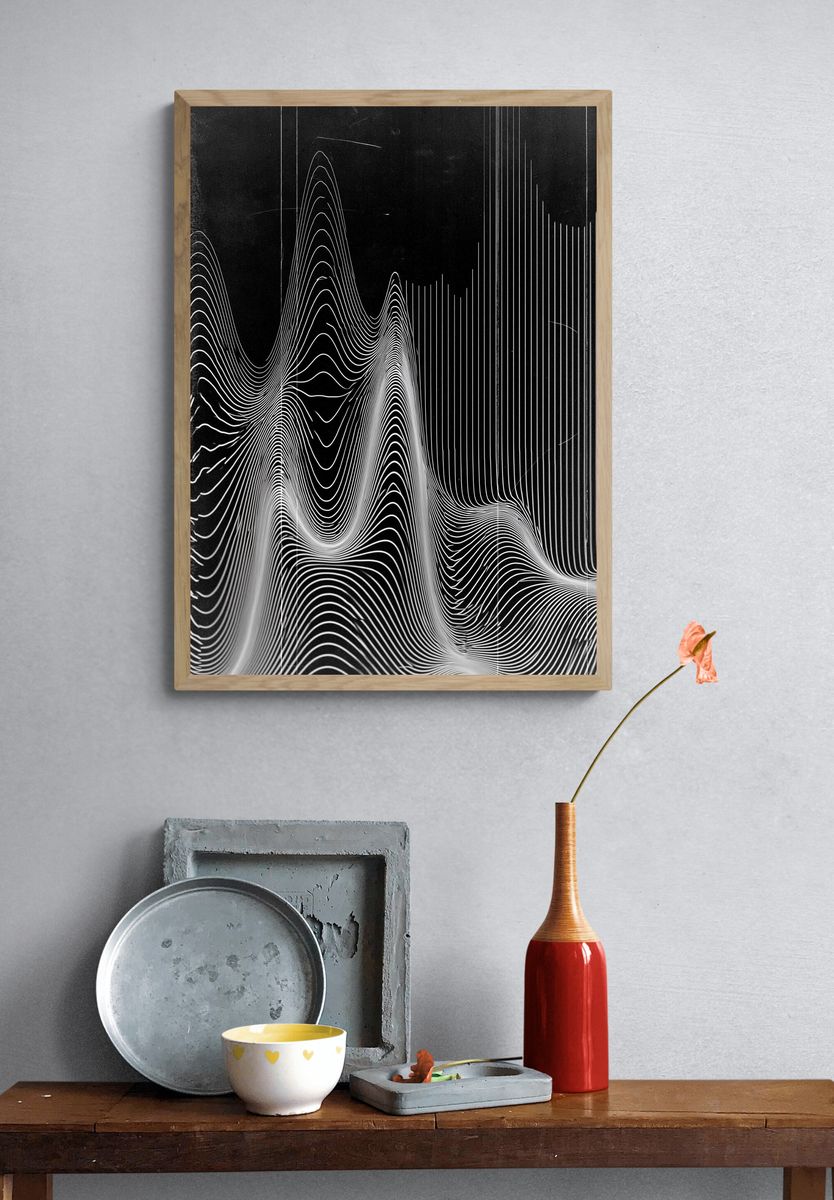 Monochrome Wave Lines Abstract Poster. — room view 3