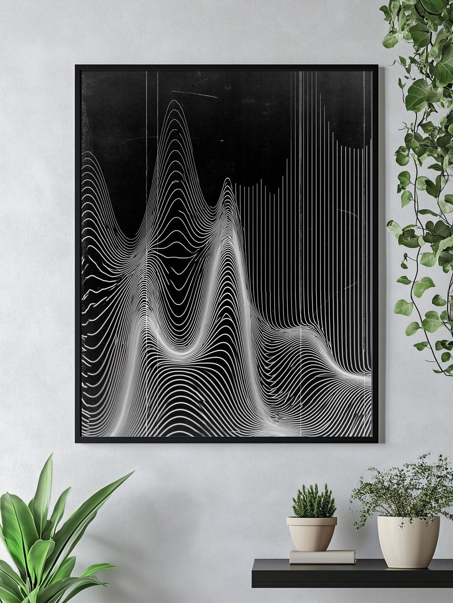 Monochrome Wave Lines Abstract Poster. — room view 4