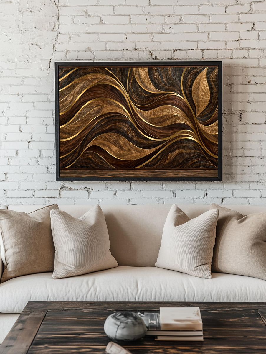 Golden Wood Waves Abstract Poster. room preview