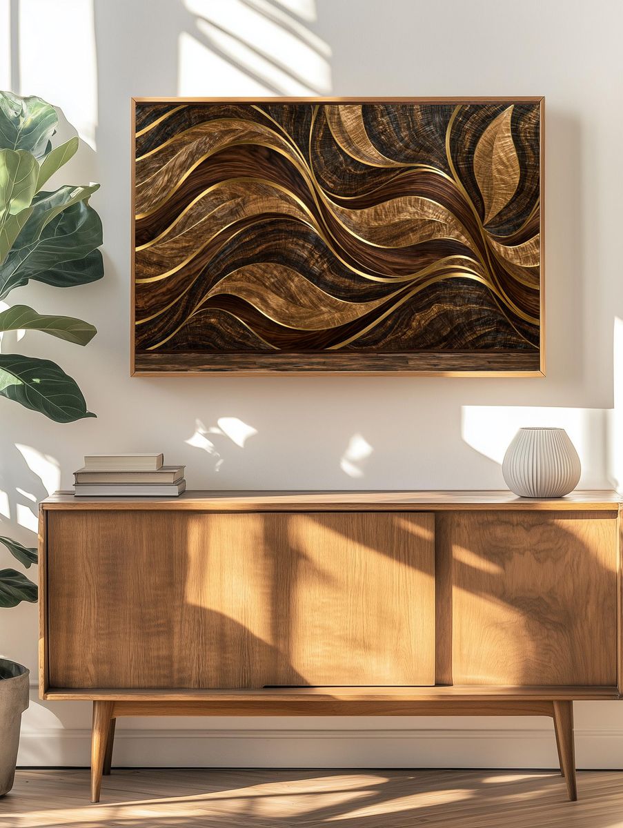 Golden Wood Waves Abstract Poster. — room view 3