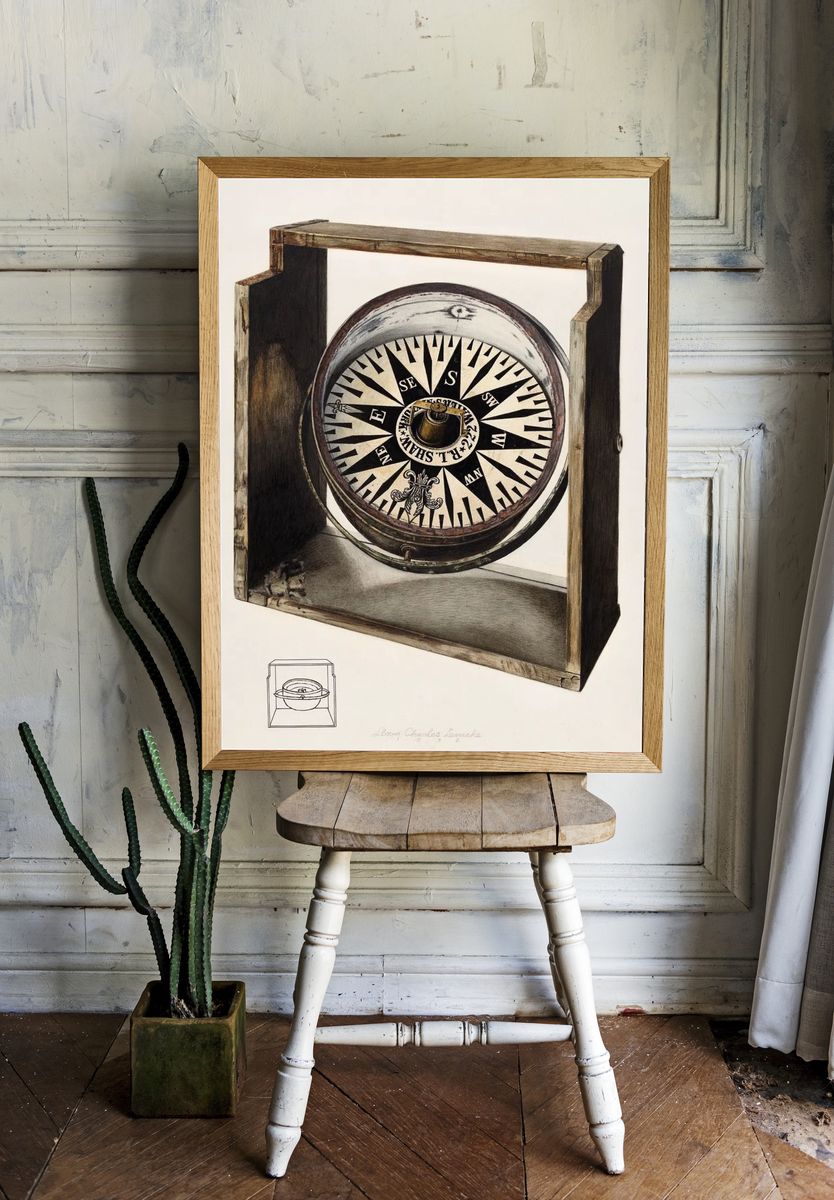Antique Compass Illustration Poster. — room view 1