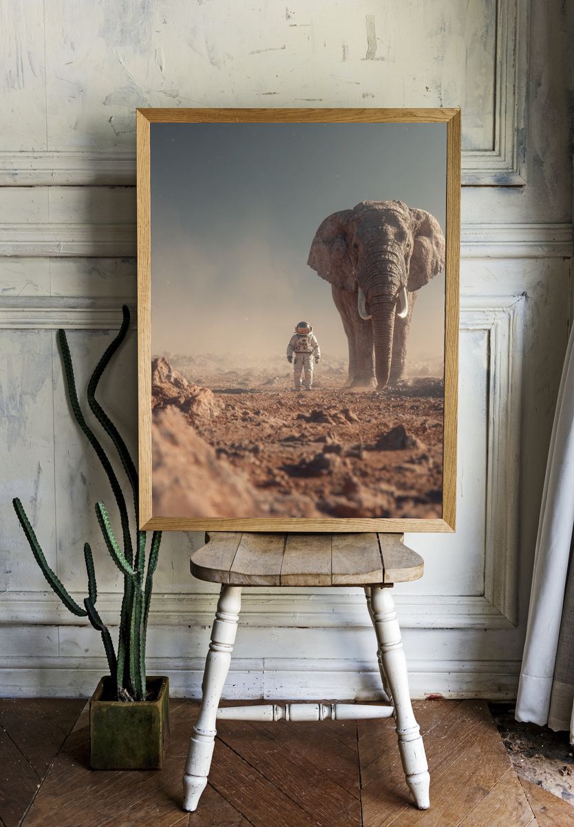 Astronaut and Elephant on Mars — Surreal Art Print. — room view 1