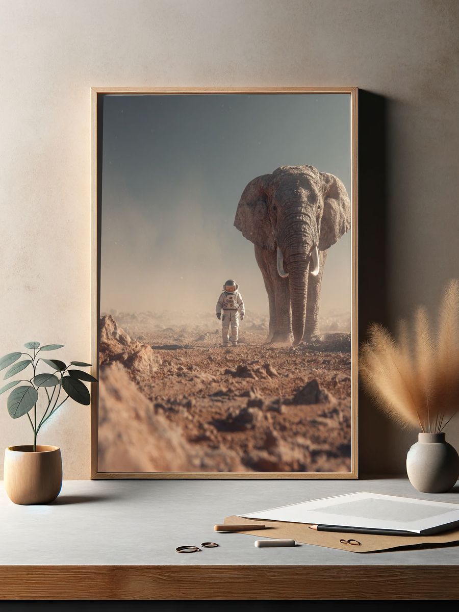 Astronaut and Elephant on Mars — Surreal Art Print. — room view 2