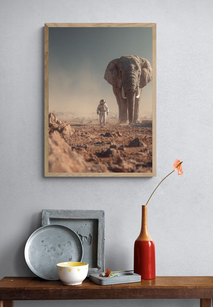 Astronaut and Elephant on Mars — Surreal Art Print. — room view 3