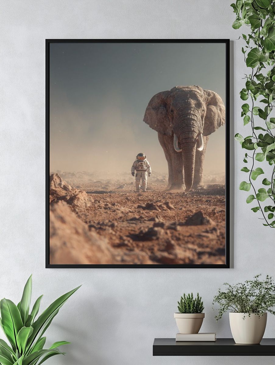 Astronaut and Elephant on Mars — Surreal Art Print. — room view 4