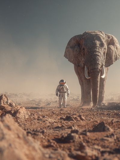 Astronaut and Elephant on Mars — Surreal Art Print. poster print