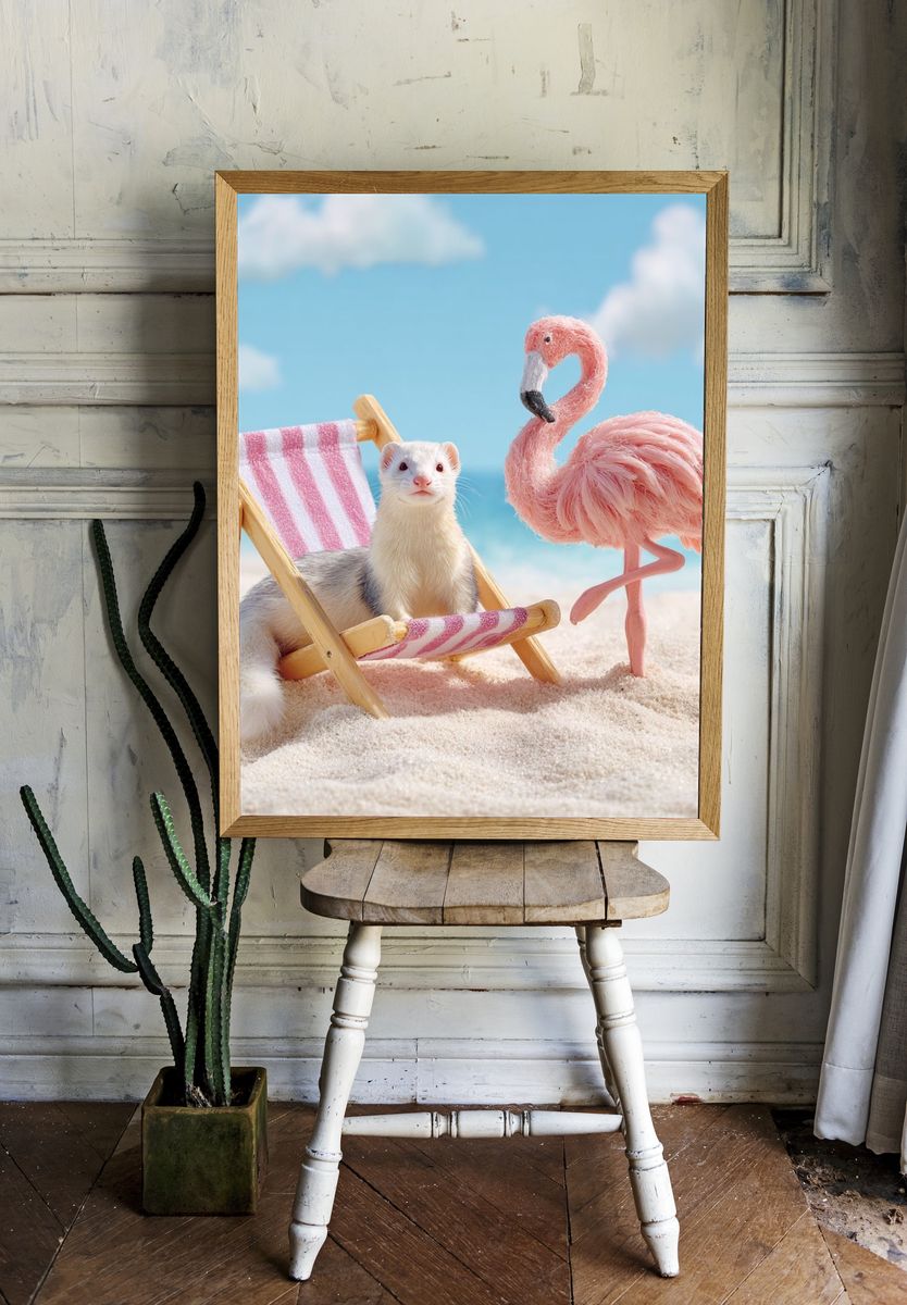 Ferret and Flamingo Beach Scene Poster. — room view 1