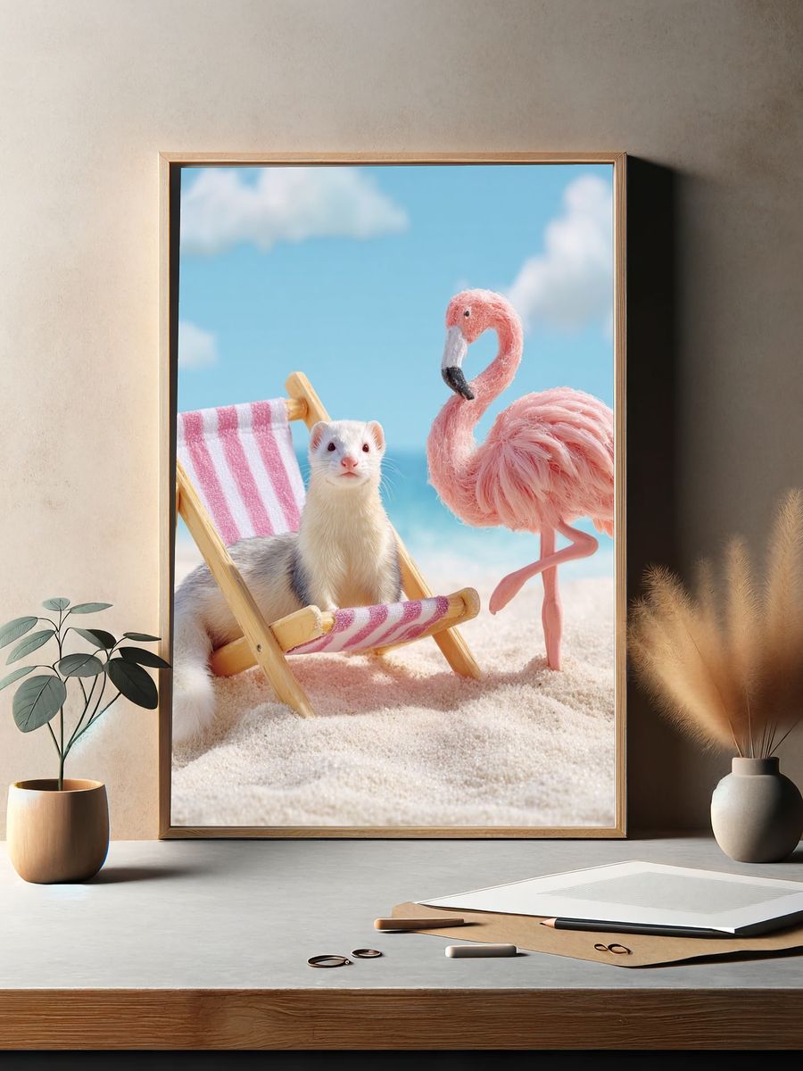 Ferret and Flamingo Beach Scene Poster. — room view 2