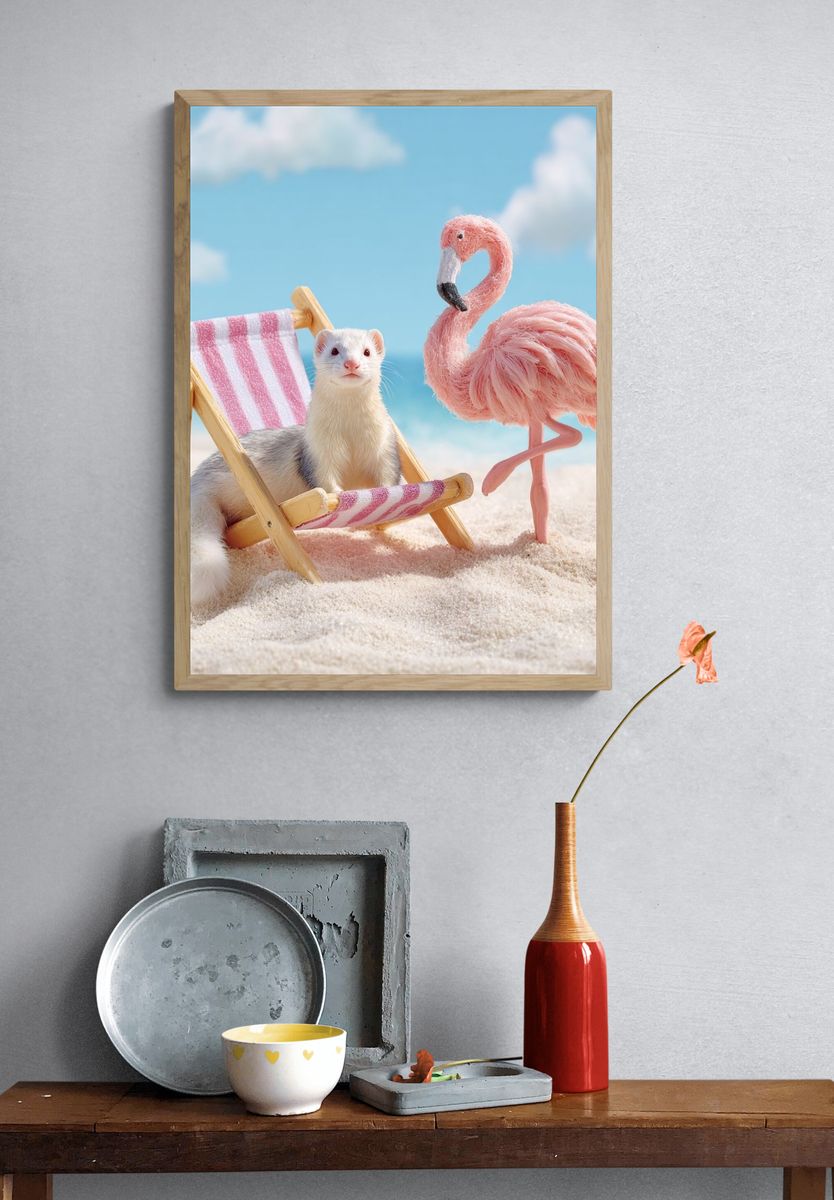 Ferret and Flamingo Beach Scene Poster. — room view 3