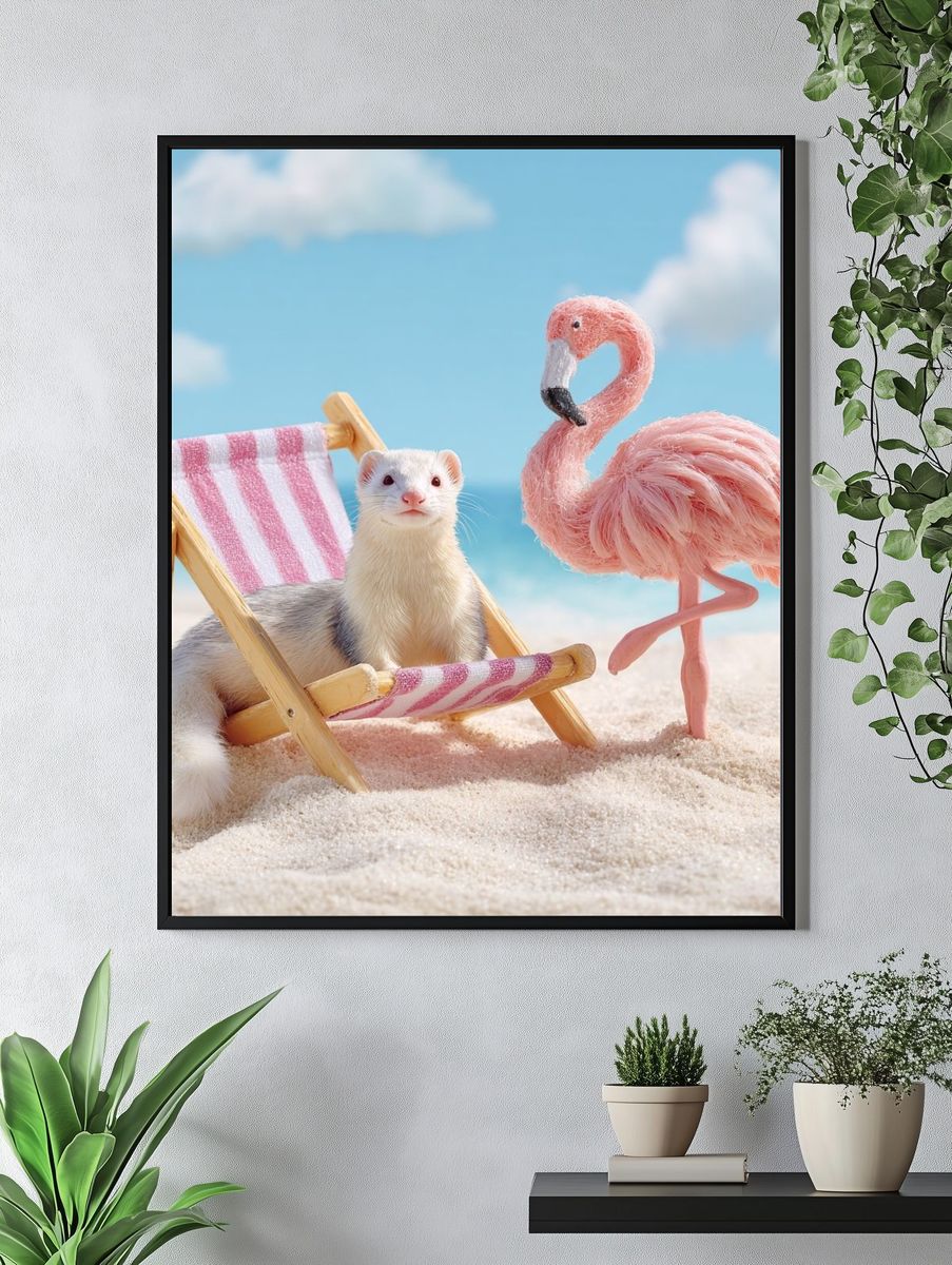 Ferret and Flamingo Beach Scene Poster. — room view 4