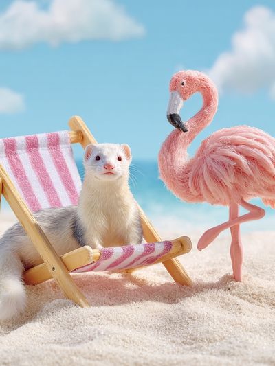 Ferret and Flamingo Beach Scene Poster. poster print