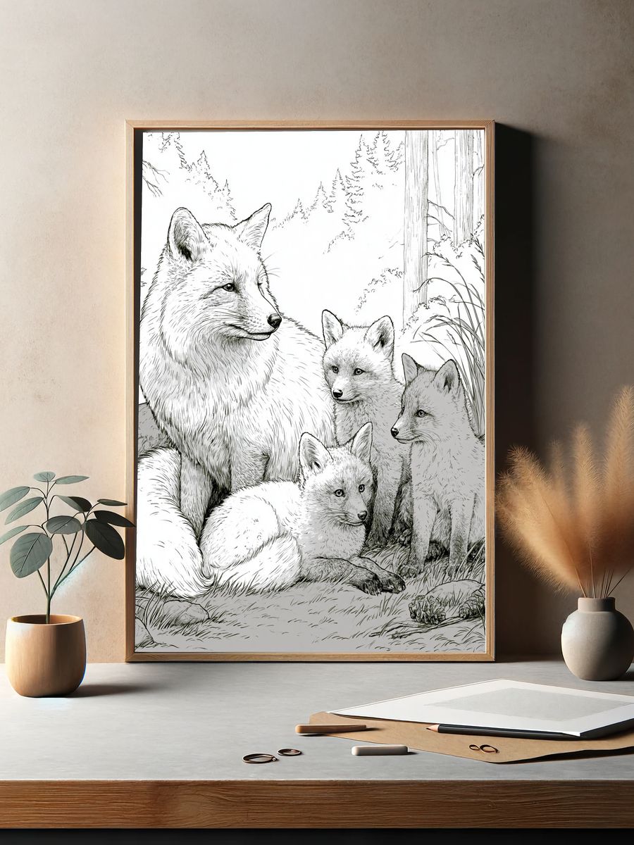 Arctic Fox Family Illustration Poster. — room view 2