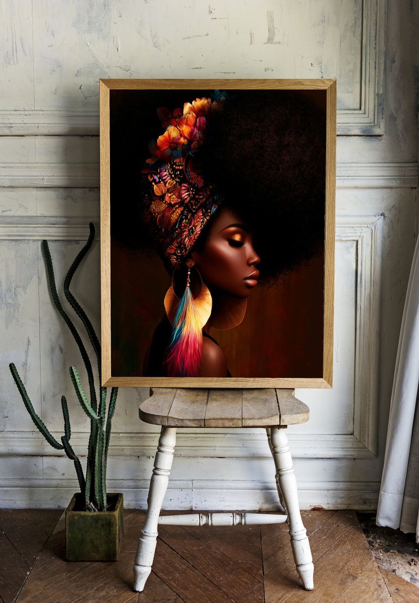Afro Floral Portrait Print. room preview