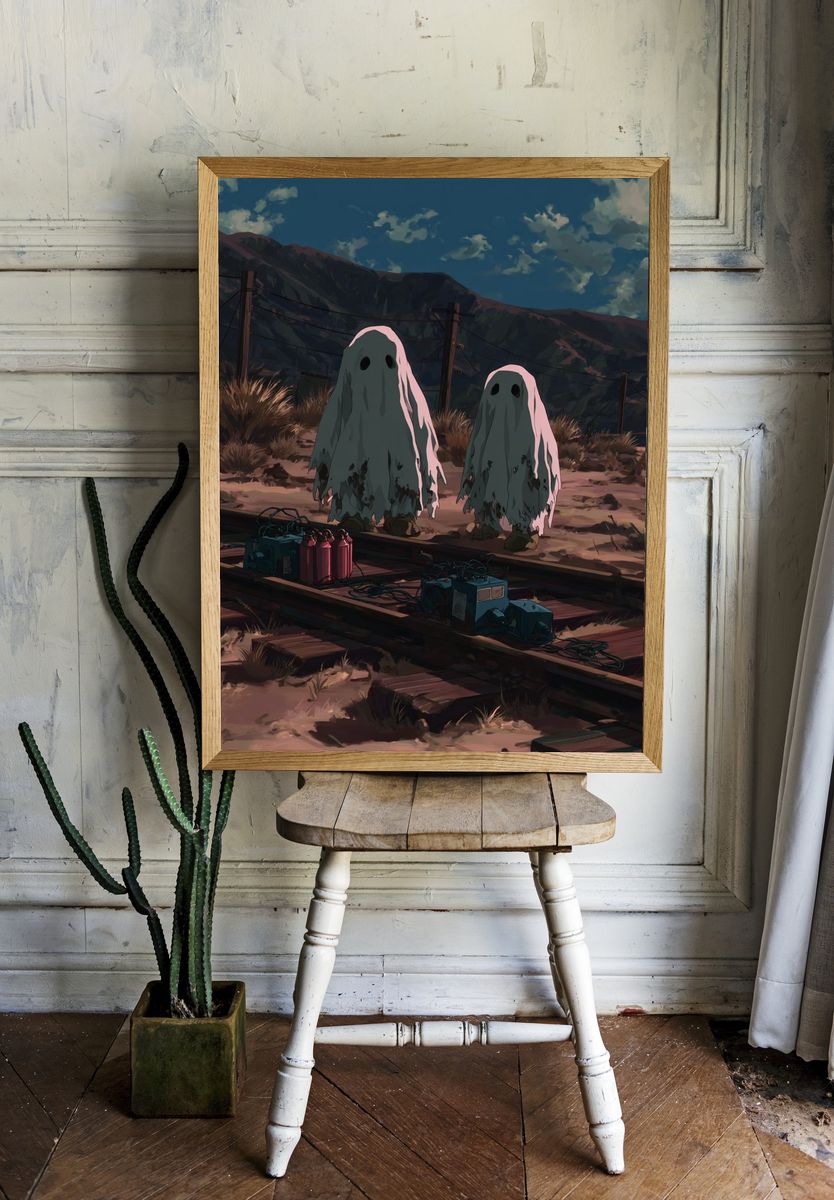 Ghostly Figures on Train Tracks — Anime Print. — room view 1