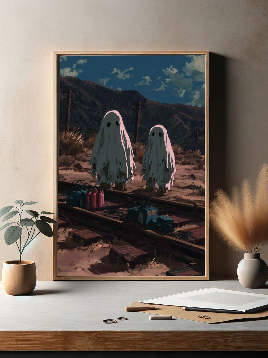Ghostly Figures on Train Tracks — Anime Print. — room view 2