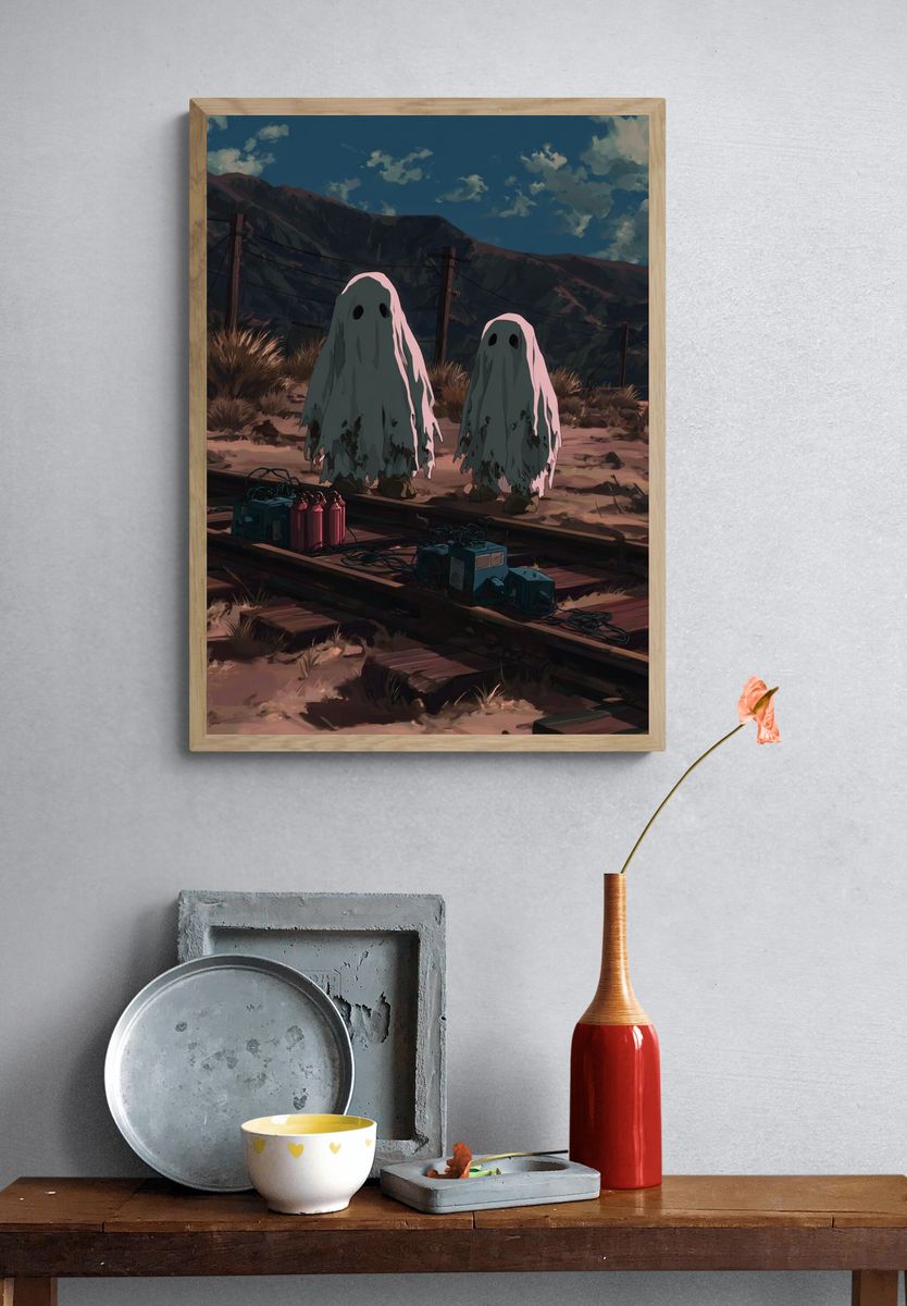 Ghostly Figures on Train Tracks — Anime Print. — room view 3