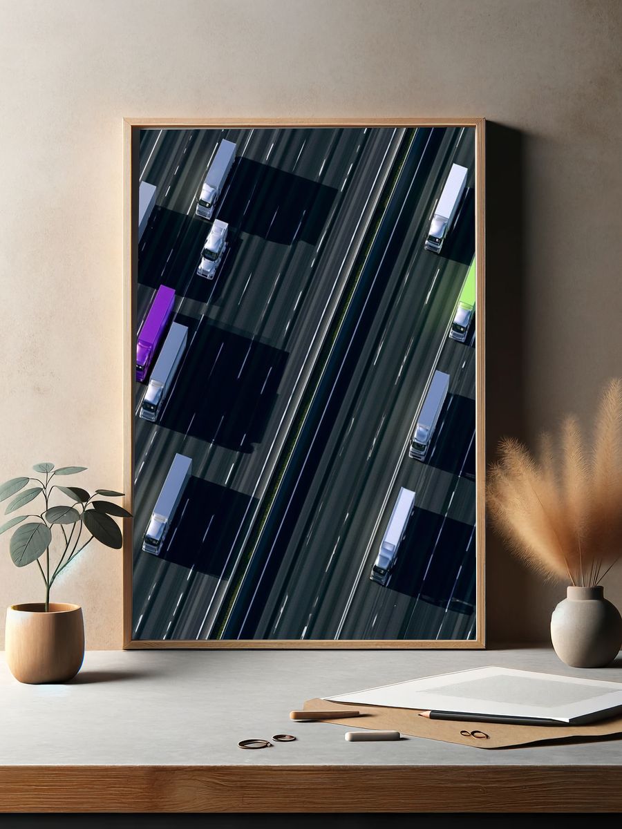 Aerial Highway Trucks Photography Poster. — room view 2