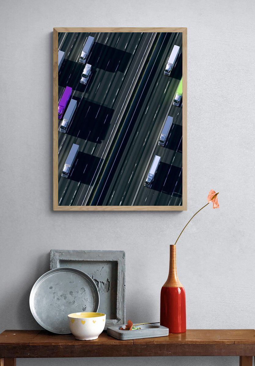 Aerial Highway Trucks Photography Poster. — room view 3
