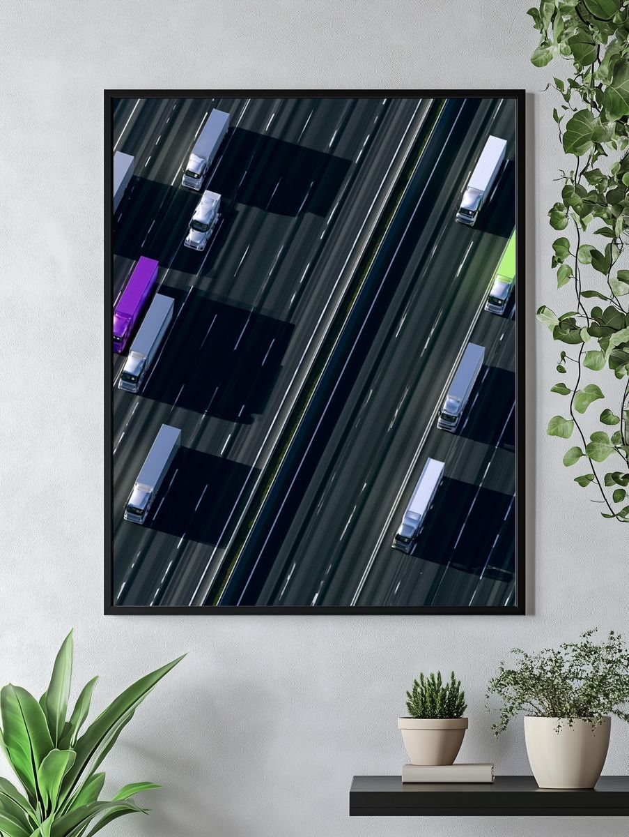 Aerial Highway Trucks Photography Poster. — room view 4