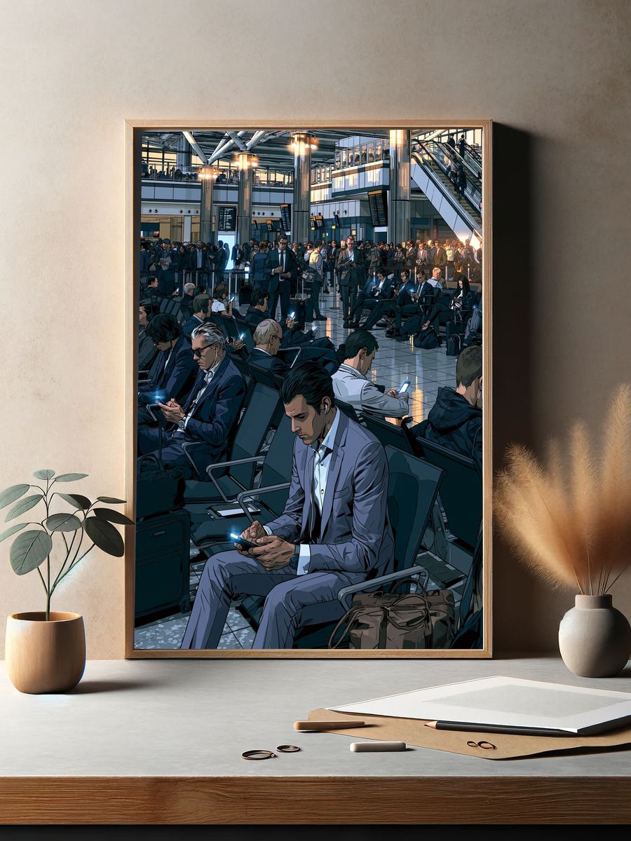 Airport Terminal Crowd Illustration Poster. — room view 2