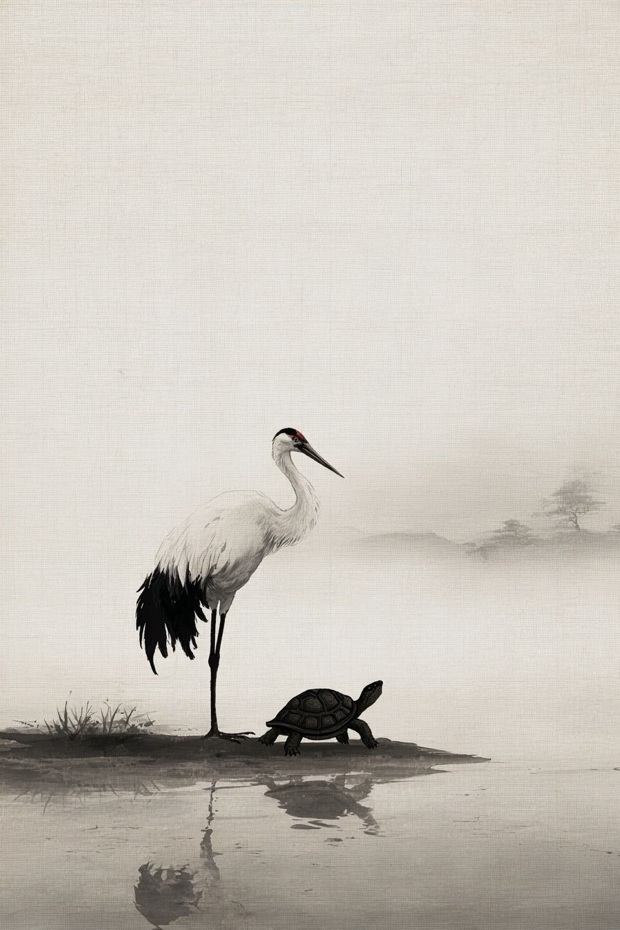 Crane and Turtle — Asian Ink Art Print. poster — illustration art