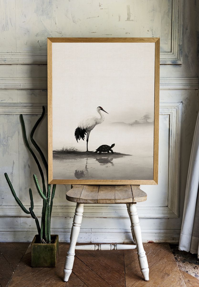 Crane and Turtle — Asian Ink Art Print. — room view 1