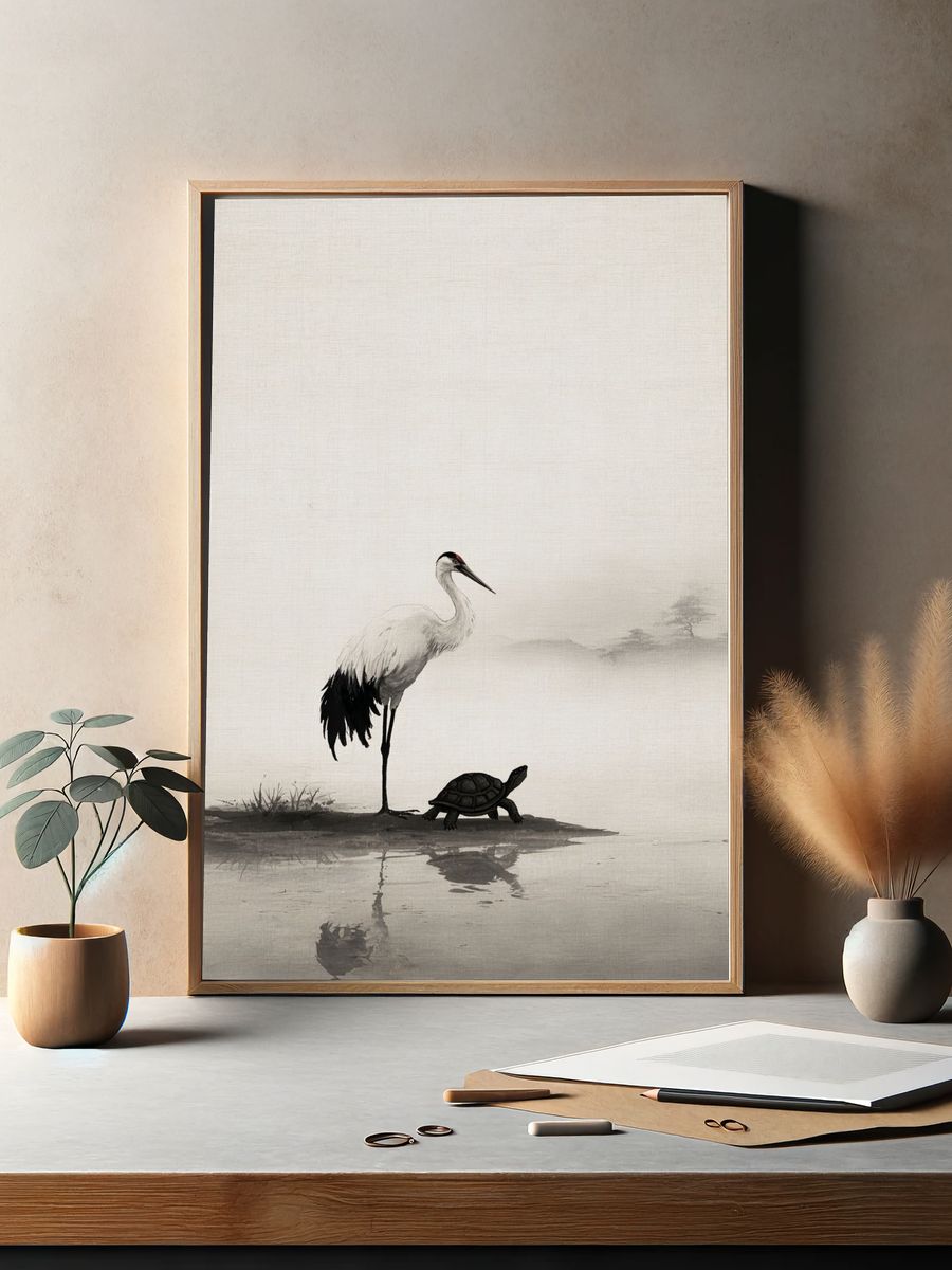 Crane and Turtle — Asian Ink Art Print. — room view 2