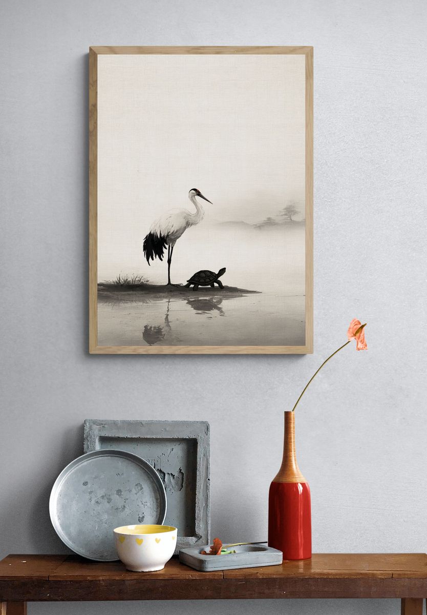 Crane and Turtle — Asian Ink Art Print. — room view 3