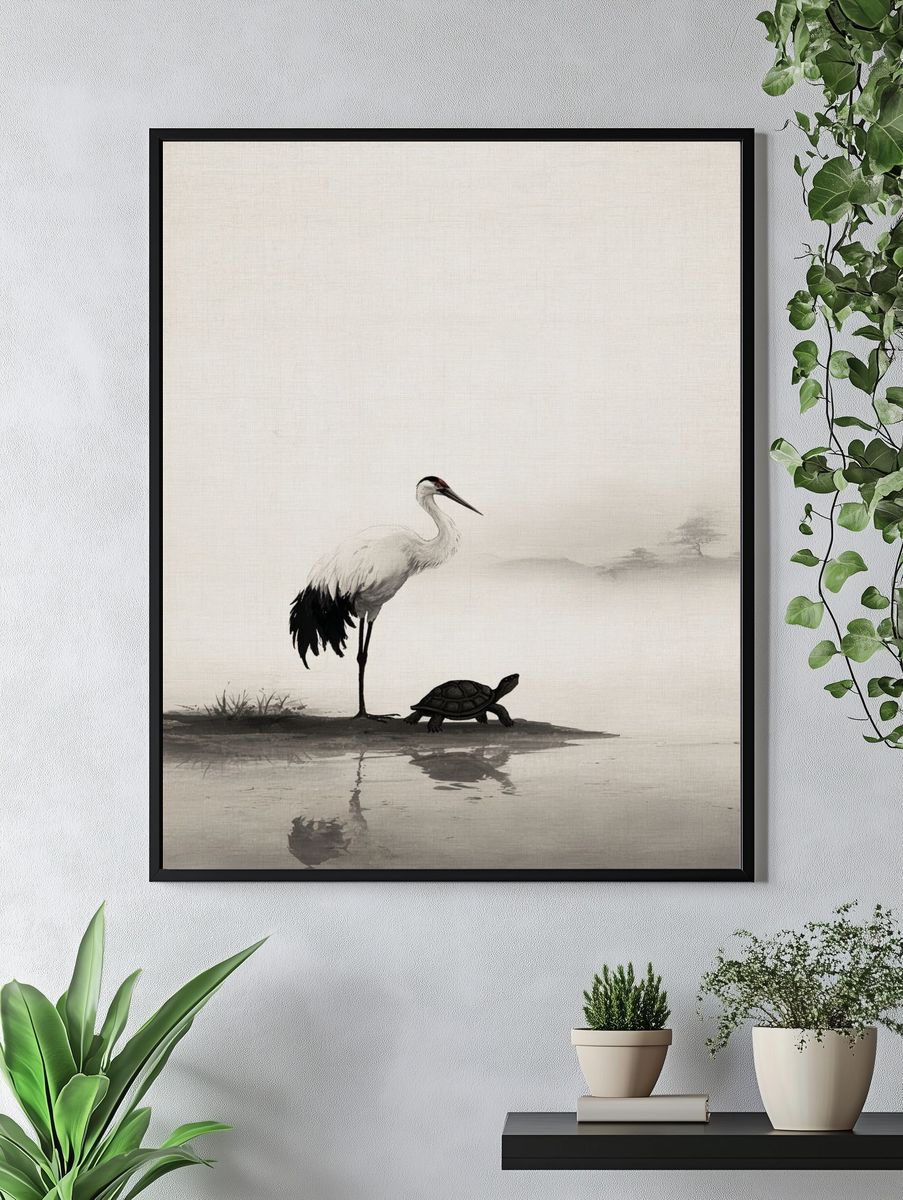 Crane and Turtle — Asian Ink Art Print. — room view 4