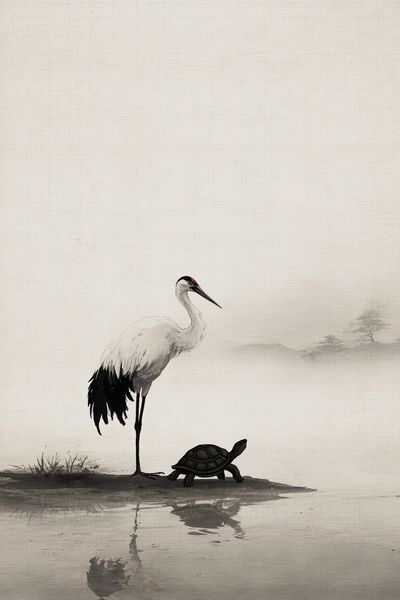 Crane and Turtle — Asian Ink Art Print. poster