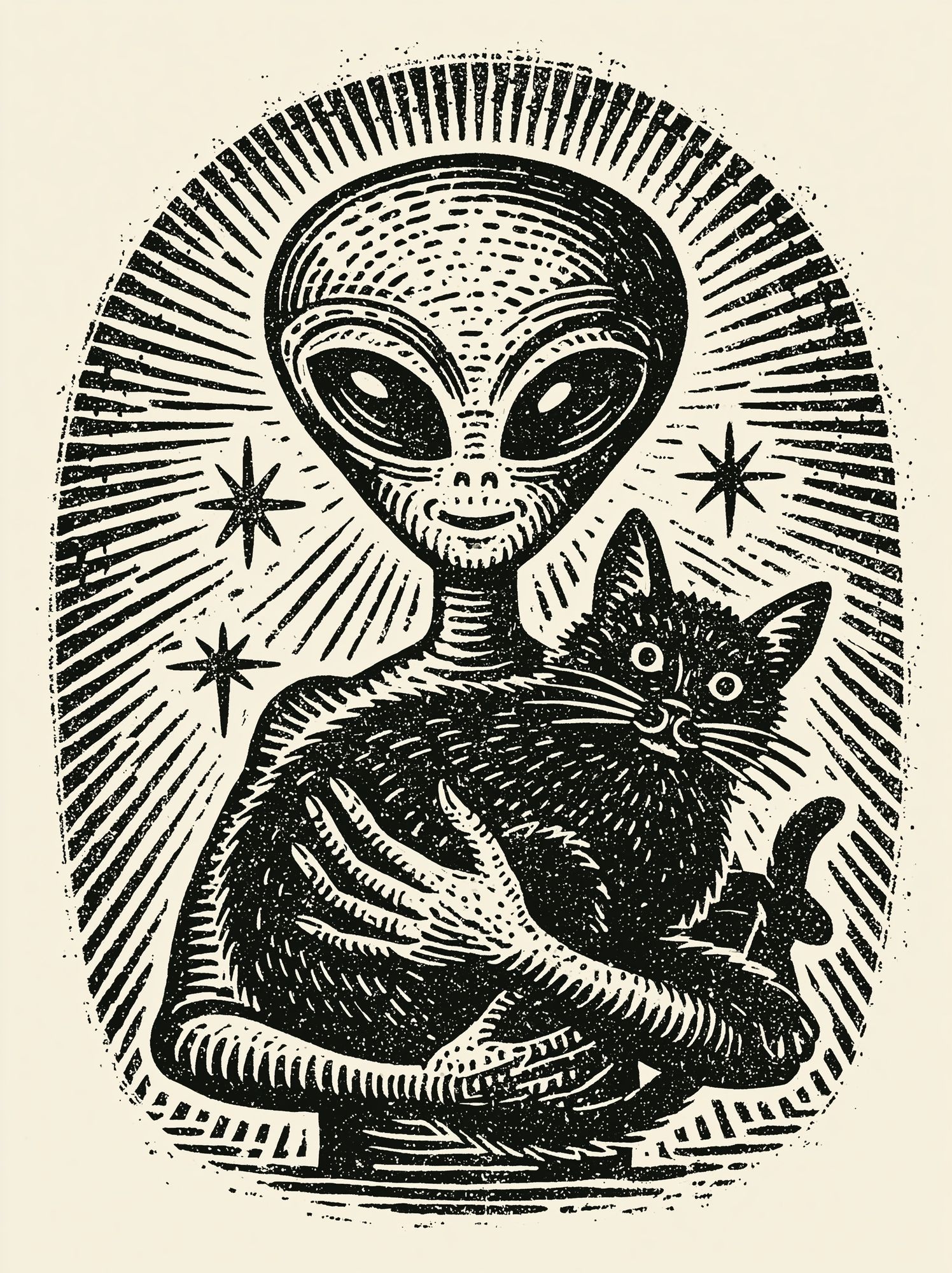 Alien Cat Linocut Poster. poster detail
