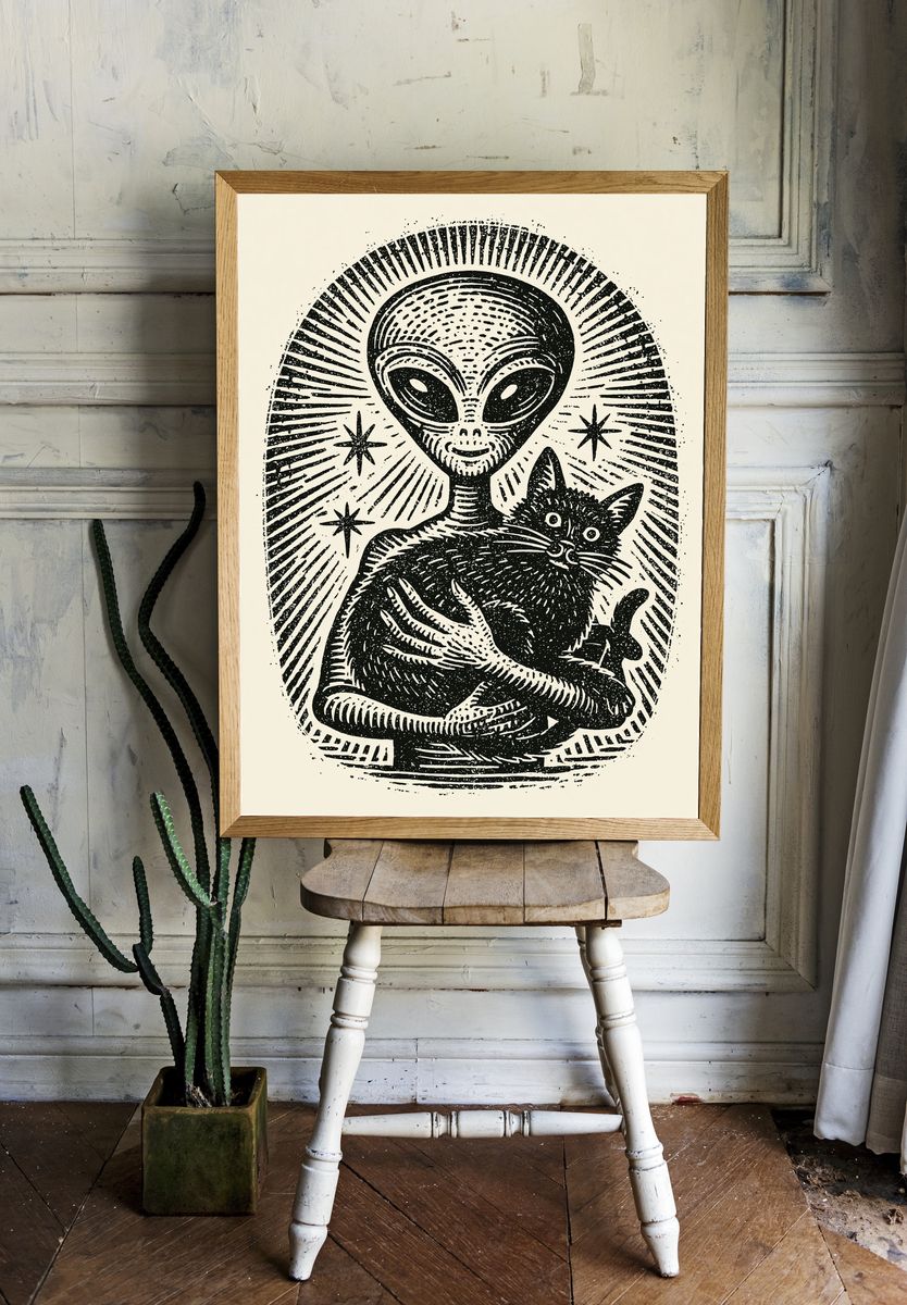 Alien Cat Linocut Poster. — room view 1