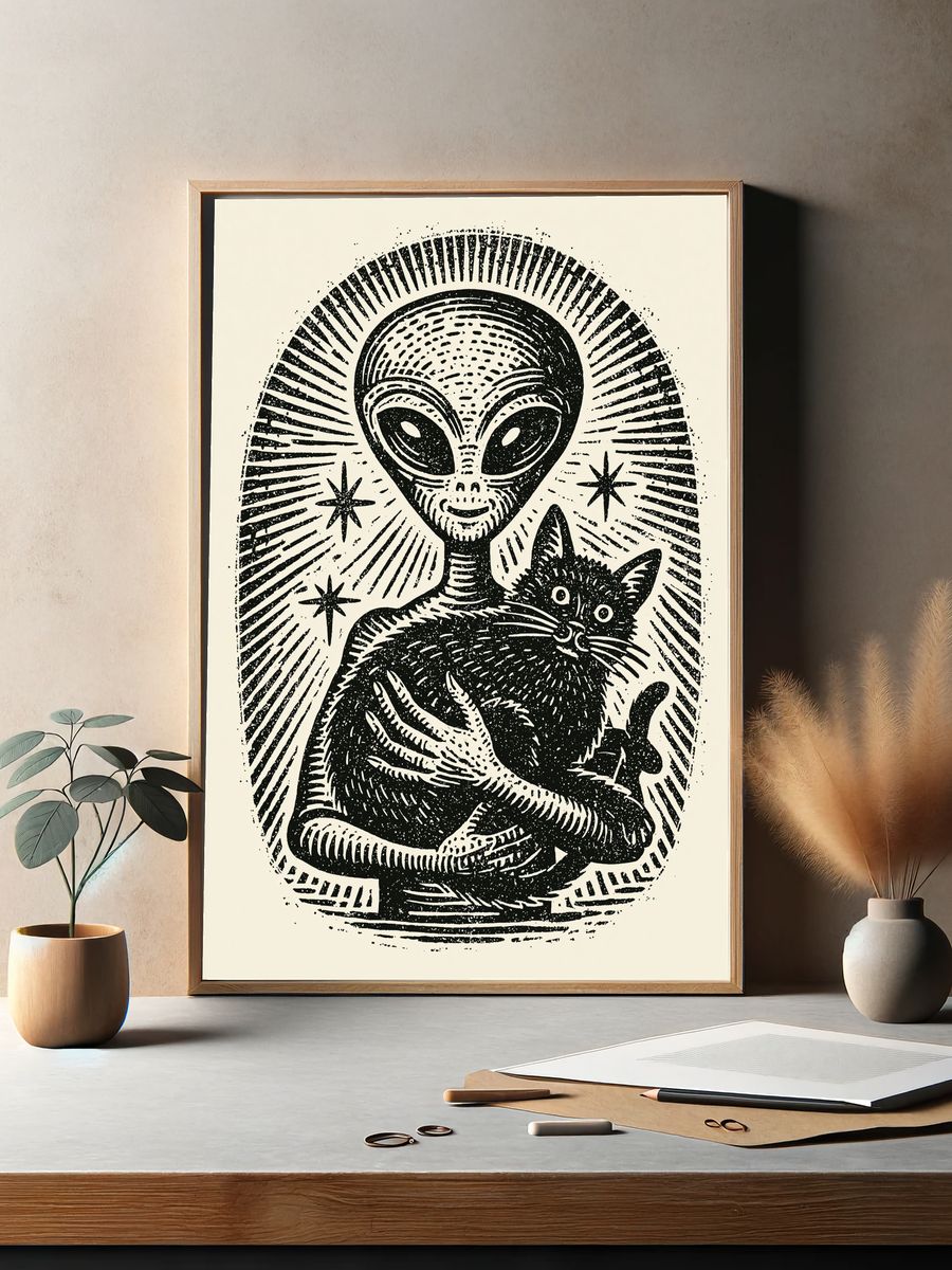 Alien Cat Linocut Poster. — room view 2
