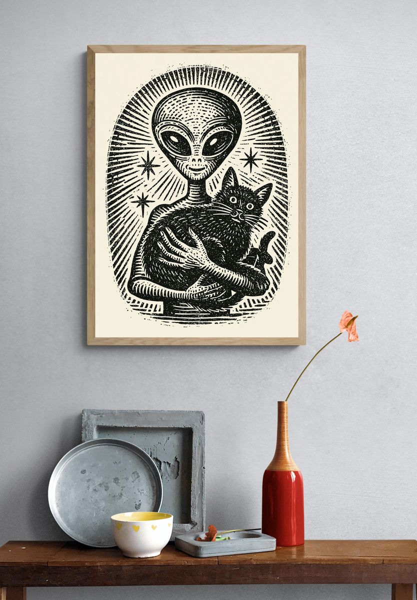Alien Cat Linocut Poster. — room view 3