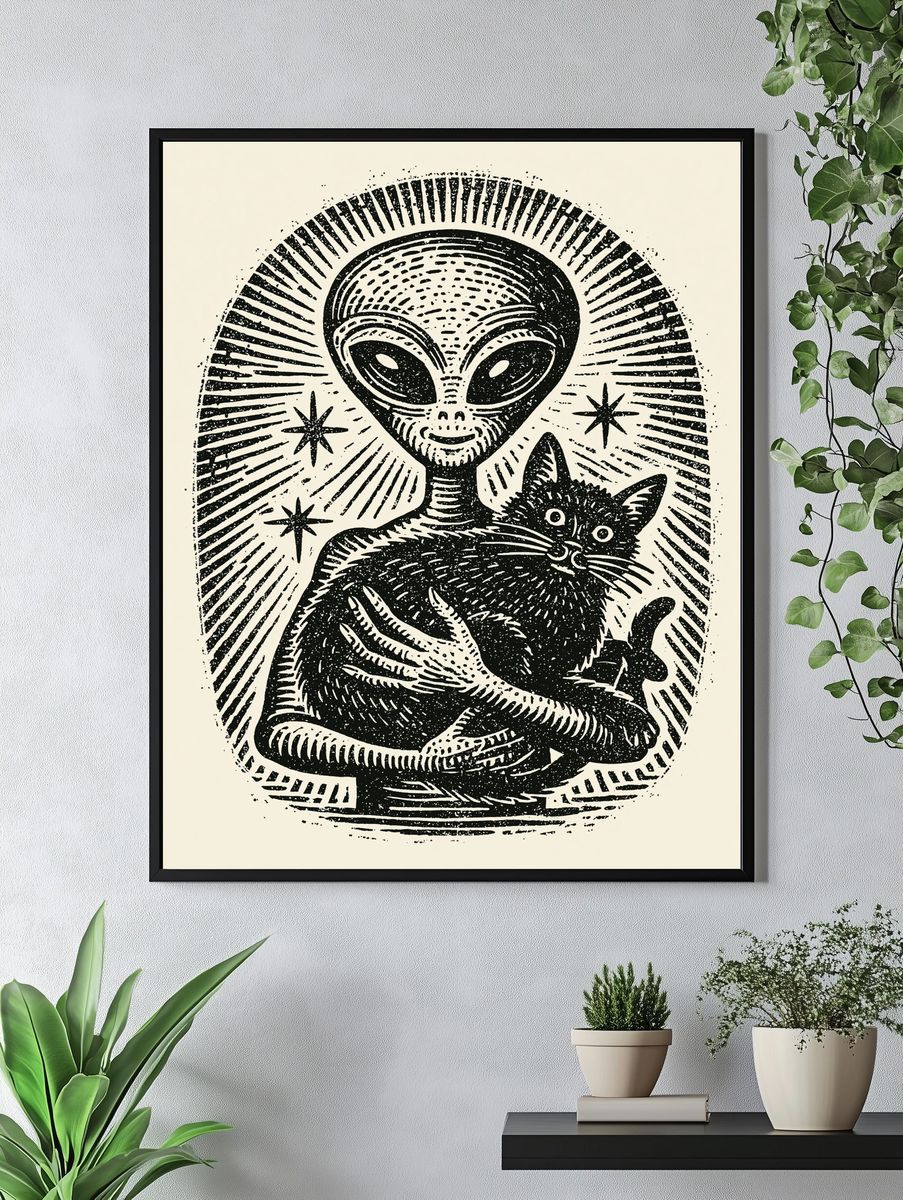 Alien Cat Linocut Poster. — room view 4