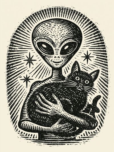 Alien Cat Linocut Poster.