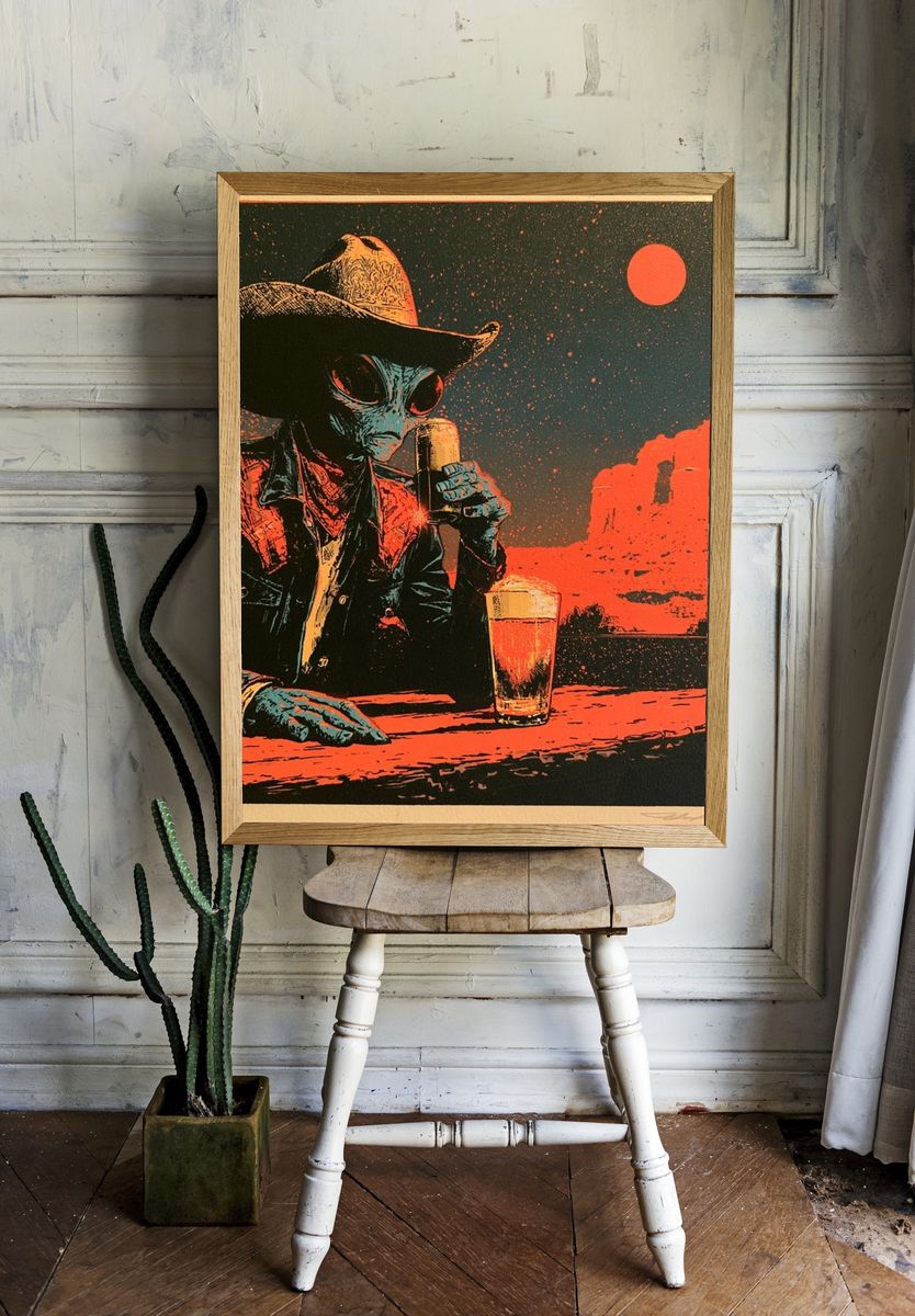 Alien Cowboy Retro Print. room preview