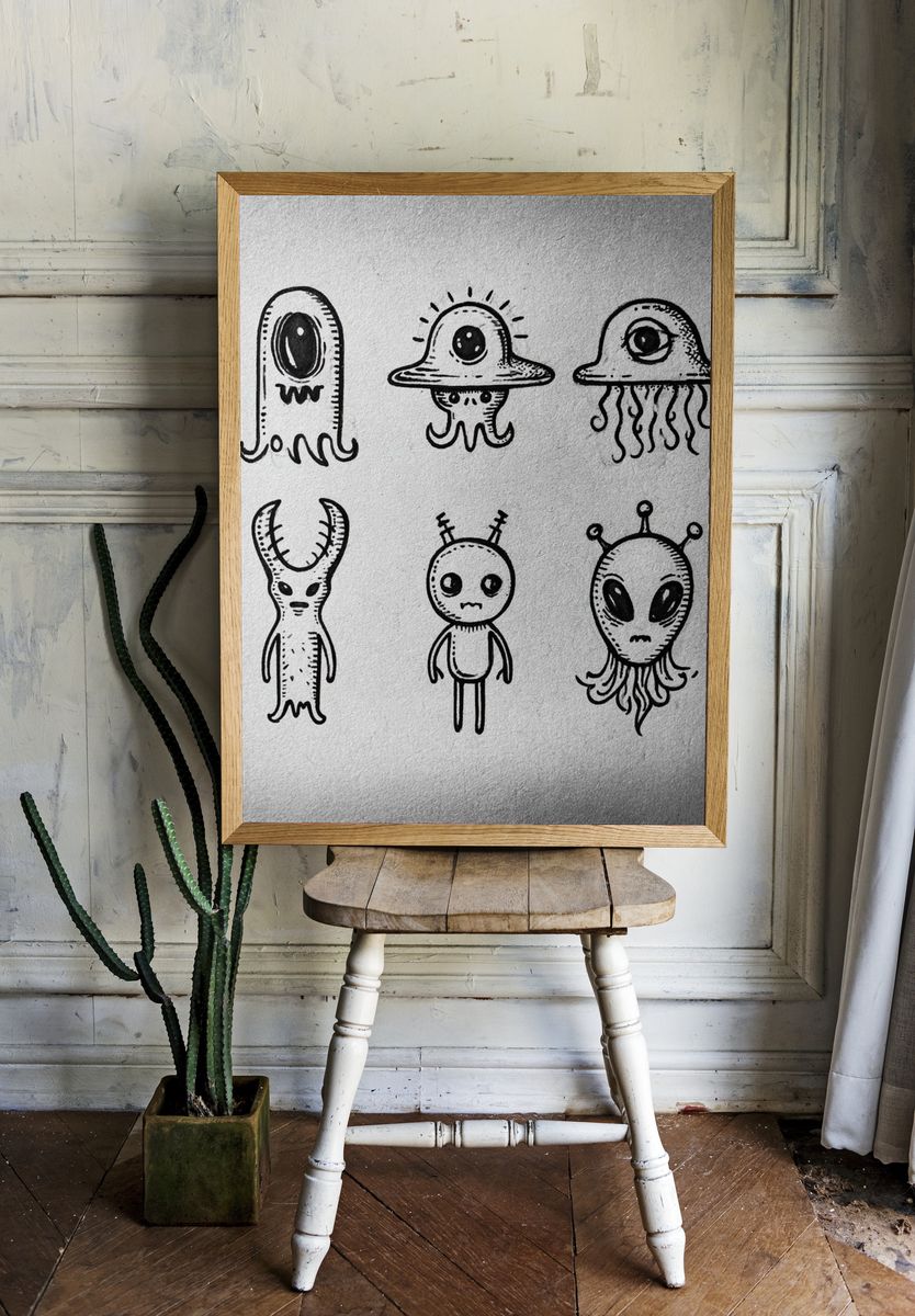 Cute Alien Doodles Typography Print. — room view 1