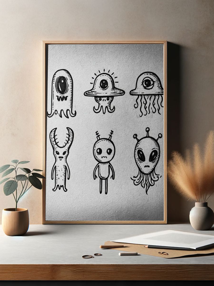 Cute Alien Doodles Typography Print. — room view 2