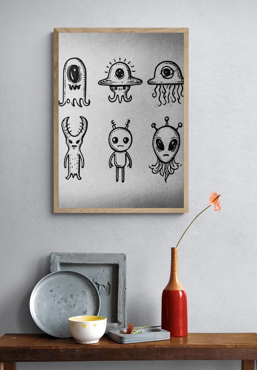 Cute Alien Doodles Typography Print. — room view 3