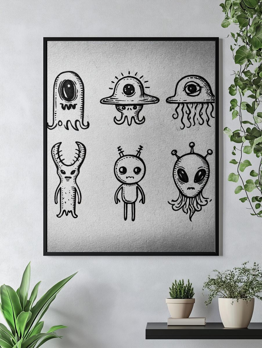 Cute Alien Doodles Typography Print. — room view 4