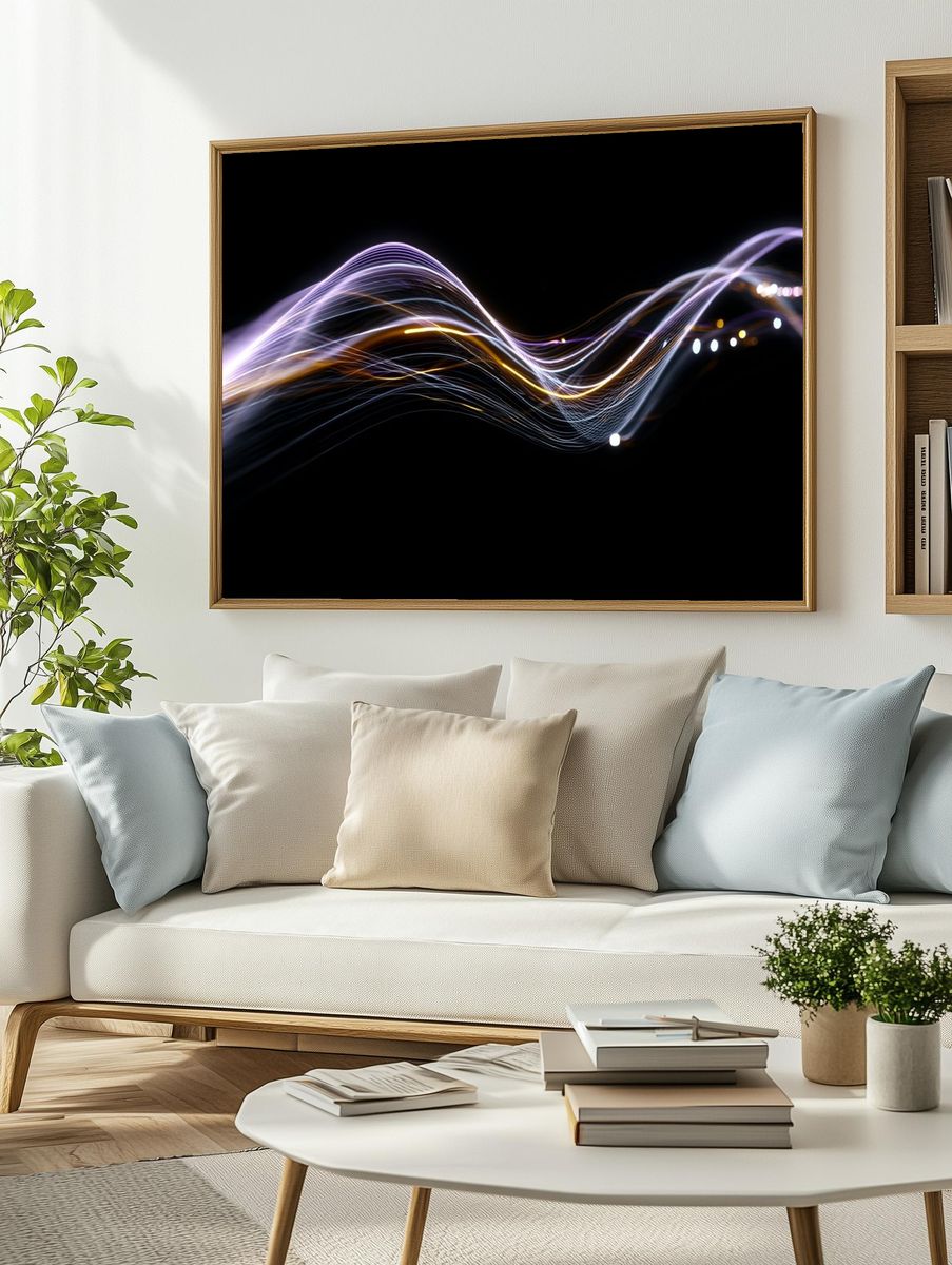 Neon Light Waves Abstract Poster. — room view 2