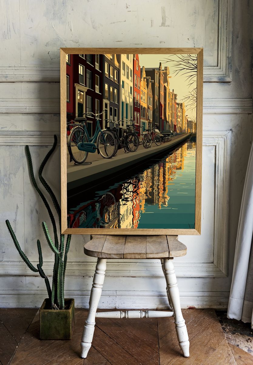 Amsterdam Canal with Bicycles — Illustration Print. — room view 1