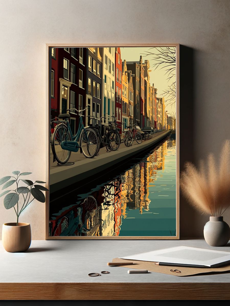 Amsterdam Canal with Bicycles — Illustration Print. — room view 2