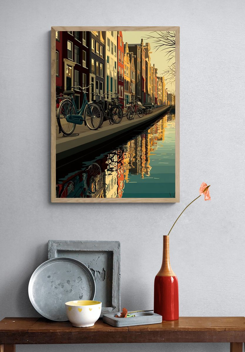 Amsterdam Canal with Bicycles — Illustration Print. — room view 3