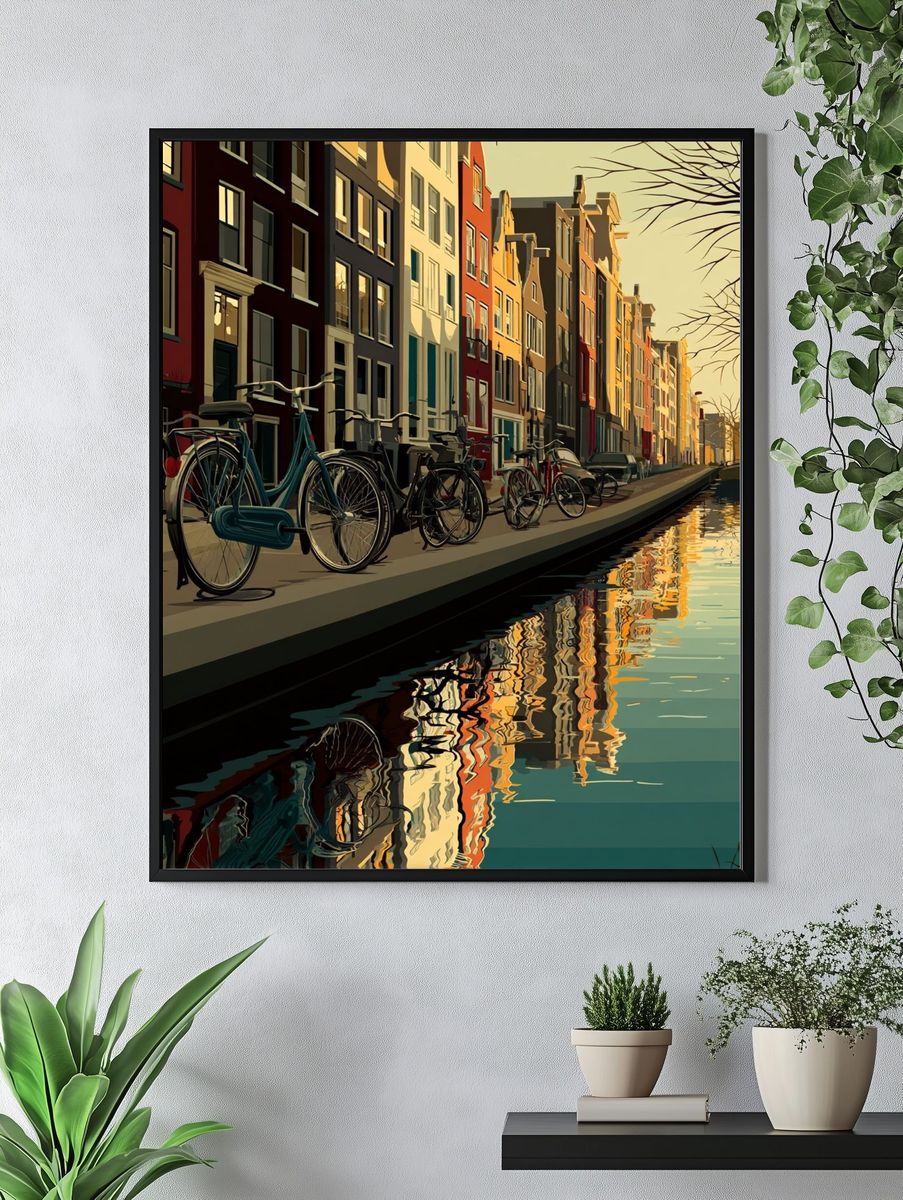 Amsterdam Canal with Bicycles — Illustration Print. — room view 4