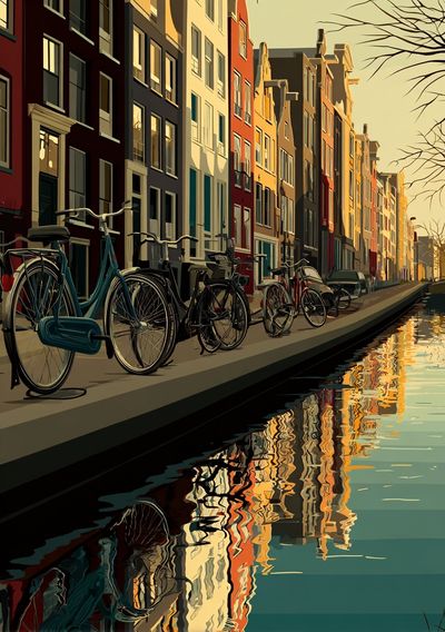 Amsterdam Canal with Bicycles — Illustration Print. poster