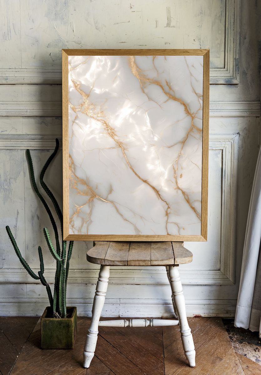 White Marble Gold Veins Abstract Print. room preview